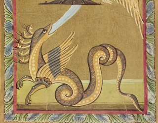 El dragón de siete cabezas intenta dañar a la mujer escupiendo un torrente de agua, facsímil del Apocalipsis de Bamberg