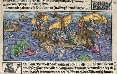 El naufragio. Grabado de "Den Edlen Strenghen Besten Fromen" de Johann Stumpff. principios del siglo XVI.