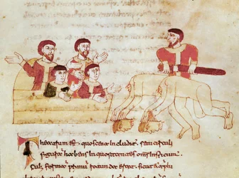 Escena de teatro, el público a la izquierda aplaude la actuación de los actores. Miniatura tomada del manuscrito De Universo (o De rerum naturis (De la naturaleza de las cosas)) (cod. 132) por Rabanus Maurus Magnentius (ca. 780-856)