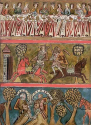 Tres escenas de Parsifal por Wolfram von Eschenbach (d.c.1230) facsímil de un manuscrito del siglo XIII