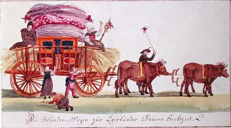 Transporte de una cama matrimonial después de la boda de campesinos de Eger (ahora Cheb) en Bohemia (ahora República Checa)
