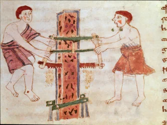 Dos hombres aserrando un tronco de mármol (miniatura, siglo IX)