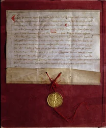 Compromiso del Emperador Federico II (1194-1250) de suministrar caballos, armas y provisiones al Rey Luis IX (1214-70) para la Séptima Cruzada, 1246