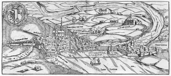 Vista de Ginebra, de Cosmographie Universelle por Sebastien Munster, Basilea, publicado en 1559