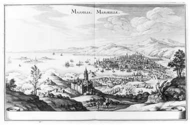 Vista de Marsella, de Topographia Galliae por Martin Zeiller, publicado 1655-61