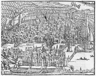 Vista de Zúrich, de Cosmographie Universelle por Sebastien Munster (1488-1552) Basilea, publicada en 1559