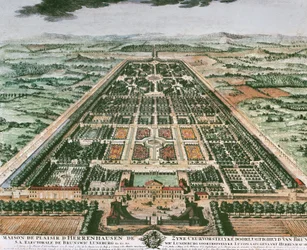 Vista del jardín del Castillo de Herrenhausen, circa 1708, impresión en color, Alemania