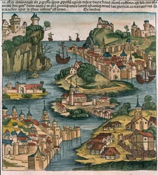 Vista del Bósforo al entrar desde el mar Negro, de la Crónica de Núremberg de Hartmann Schedel (1440-1514), 1493