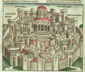 Vista de la ciudad amurallada de Jerusalén mostrando el Templo de Salomón y las puertas de la ciudad, del Crónica de Núremberg por Hartmann Schedel (1440-1514) 1493