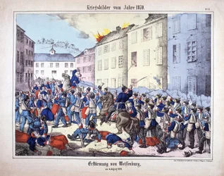 Guerra de 1870: La captura de Wissembourg (Batalla de Weissenburg) entre los soldados del ejército prusiano y los franceses el 4 de agosto