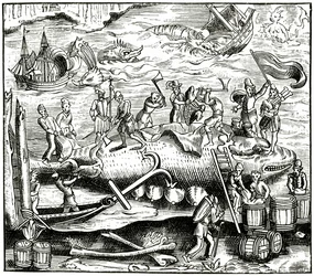 Pesca de ballenas, después de un grabado en Cosmographie Universelle de Munster, publicado en 1552