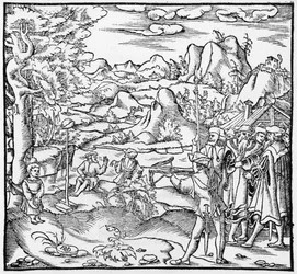 Guillermo Tell, ilustración de Cosmographie Universelle por Sebastien Munster, Basilea, publicado en 1559