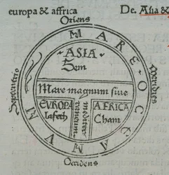 f.177v Mapa T-en-O, con nombres de lugares en letra impresa, de Isidoro de Sevilla, Liber Etimologiarvm