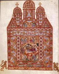 Natividad. Miniatura del Codex de Egberto (Codex Egberti) de la escuela de Reichenau. Aproximadamente 980, Cividale del Friuli, Museo Arqueológico o Catedral de Cividale