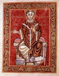 El obispo Egberto de Tréveris recibe el salterio de manos del monje Rudprecht (no representado aquí) - Miniatura del Códice de Egberto (Codex Egberti) por la escuela de Reichenau, 980 - Cividale del Friuli, museo arqueológico o Catedral de Cividale