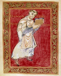 El monje Ruodprecht lleva el manuscrito al arzobispo Egberto de Tréveris (977-993). Miniatura del Codex de Egberto (Codex Egberti) de la escuela de Reichenau. Cividale del Friuli, Museo Arqueológico o Catedral de Cividale