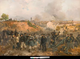 Risorgimento, Segunda Guerra de Independencia italiana: La batalla de Palestro el 30/05/1859 entre el Imperio austriaco y las fuerzas combinadas del Reino de Cerdeña-Piamonte y Francia Pintura de Gerolamo Induno (1825-1890) 1860 Colección particular