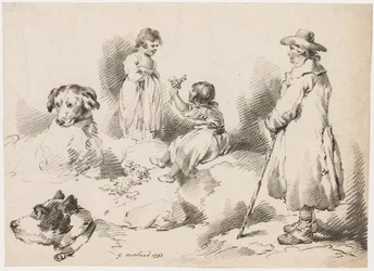 Estudios de niños, dos niñas pequeñas, dos perros, un hombre