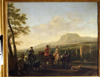 ""La cetrería"" (Cetrería) Pintura de Gerrit Adriaensz Berckheyde (1638-1698) Museo Pushkin de Moscú del siglo XVII.
