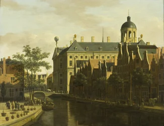 El Nieuwezijds Voorburgwal con el mercado de flores y árboles en Ámsterdam, c.1675