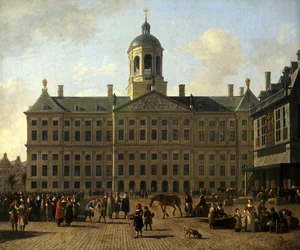 Alemán: Plaza Dam en Ámsterdam con el ayuntamiento y la balanza El ayuntamiento de Ámsterdam en la plaza Dam