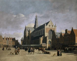 Vista de la plaza Grote Markt y la iglesia Grote Kerk o St.-Bavokerk en Haarlem