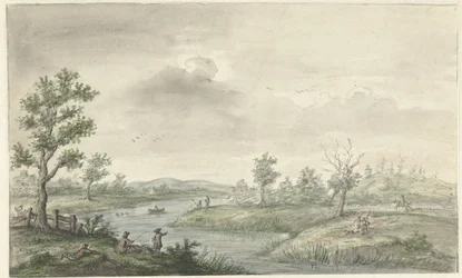 Paisaje con río serpenteante y pescadores