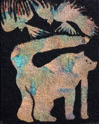 Gato con pájaros, 2014 (arena y acrílico sobre lienzo)