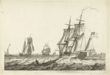 Brik y otros barcos en una vía fluvial ancha Varios barcos sobre las olas (título de la serie)