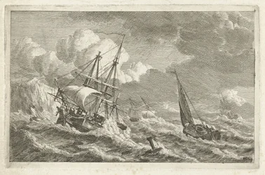 Barcos en peligro frente a una costa rocosa Varios barcos en el agua (título de la serie)
