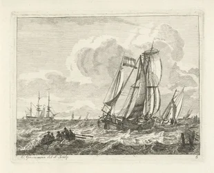 Barcos de vela y un bote de remos en aguas abiertas Paisajes marinos con barcos (título de la serie)