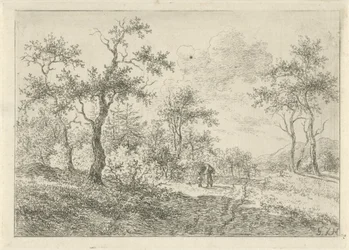 Paisaje boscoso con una mujer y un niño.