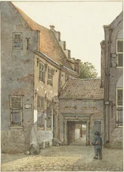 Vista de la entrada a la escuela latina, la escuela St. Hieronymus, en Kromme Nieuwegracht en Utrecht