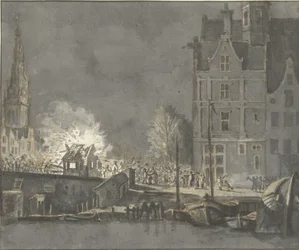 Quema de las casas de aduanas en Nieuwebrug en Amsterdam