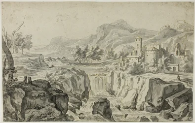 Paisaje a la italiana con cascada y edificios