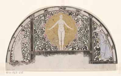 Diseño para el marco de un calendario de 1901 con mujeres y flores
