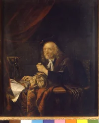 Un hombre desconfiado cuenta su dinero sosteniendo una bolsa en la mano. Pintura de Gerard Dou (o Gerrit Dow) (1613-1675) siglo XVII Milán Museo del castillo