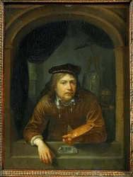 Autorretrato en una ventana (pintura sobre madera de roble)