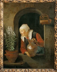 Anciana en la ventana, regando sus flores (pintura)