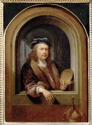 Retrato del artista con paleta de pintor ...