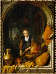 Mujer joven preparando comida (óleo sobre lienzo)