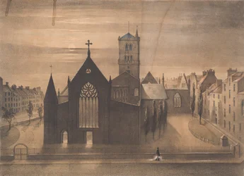 Vista a la luz de la luna de las iglesias del Este y de la Cruz, Dundee, tal y como aparecieron después de la conflagración del 3 de enero, c.1841 (litografía)