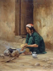 Una mujer de la colina de Ladakh, cocinando su comida, 1893
