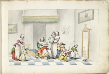 Habitación infantil con tres mujeres y niños.