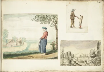 La esposa del granjero, los niños con manzanas y un paisaje montañoso