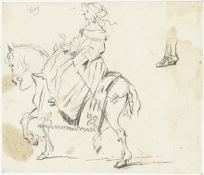 Mujer a caballo, vista de lado, con un boceto de la parte inferior de la pierna y el pie