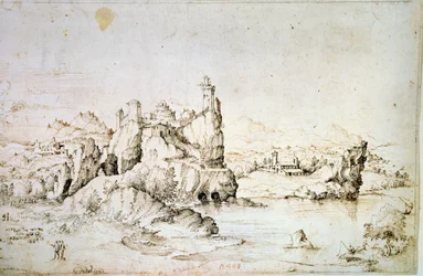 Un castillo en una roca en un paisaje montañoso, 1540