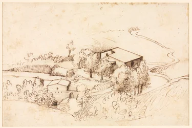 Granja con Árboles en un Paisaje Ondulado