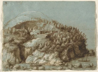 Paisaje montañoso con barcos