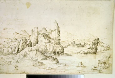 ""Un chateau perche sur une montagne"" (Un castillo sobre una roca en Mountainscape) Dibujo en tinta marrón de Gherardo Cibo (1512-1600) 1540 Museo Pushkin, Moscú